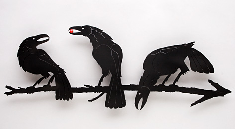 Abraxas Crow - steel 3 Crows On A Branch Sculpture